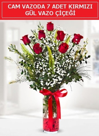 Cam vazoda 7 adet kırmızı gül çiçeği  Diyarbakır uluslararası çiçek gönderme 