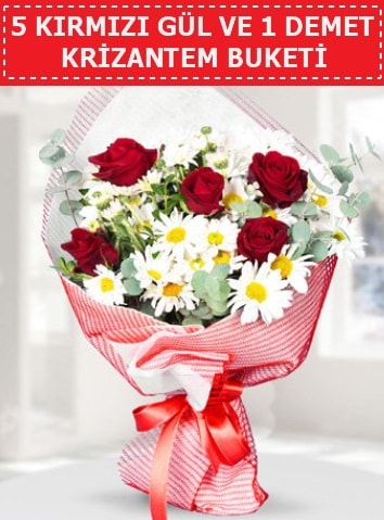 5 adet kırmızı gül ve krizantem buketi  Diyarbakır çiçek online çiçek siparişi 
